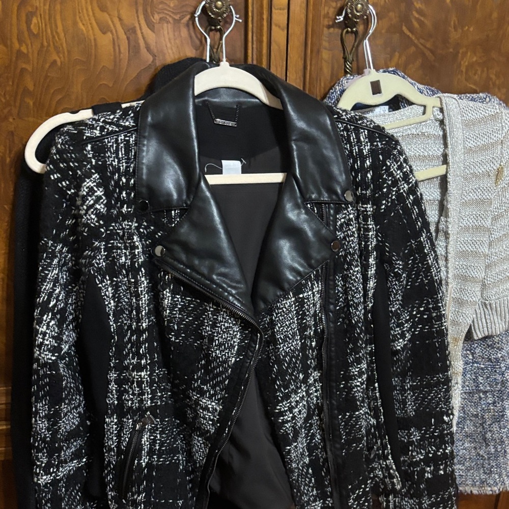Chico's Black and White Leather Accent Jacket